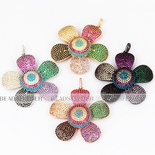Rainbow colorful CZ plum flower pendant/focal , Micro Pave black Cubic Zirconia charms in silver/gold/rosegold colour,58mm 1pc