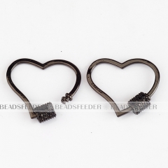 Screw on heart Shape Clasp for metal chain and cord, Black CZ,Pave heart shape Lock,26x22mm,1pc