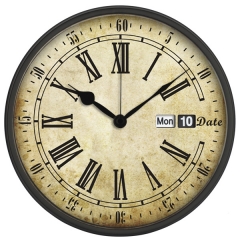 Metal wall clock with date & day display