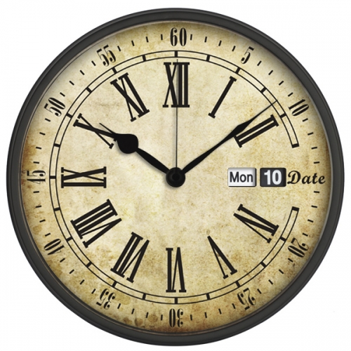 Metal wall clock with date & day display