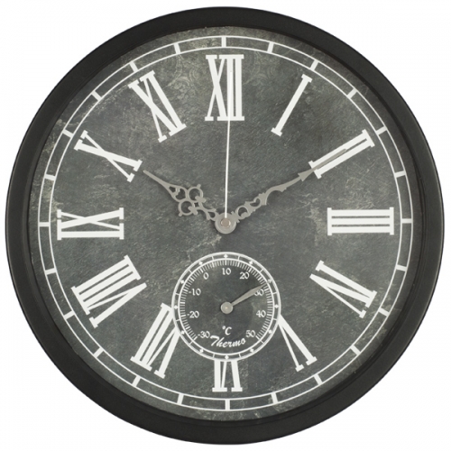 Metal wall clock with thermometer