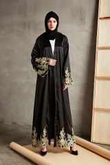 New arrival golden lace muslim black open abaya-LR31