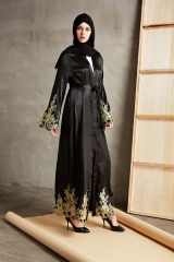 New arrival golden lace muslim black open abaya-LR31