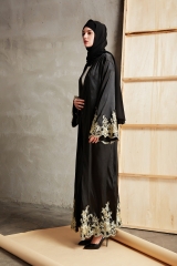 New arrival golden lace muslim black open abaya-LR31