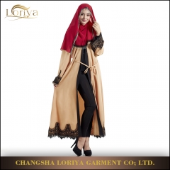 Free size muslin dubai lace front open abaya with lace bottom-MS144