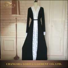 Latest fashion style muslim black lace front open abaya-LR12