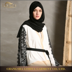 Black lace sleeves patchwork muslim front open abaya-LR08