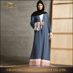 Fashion stylish muslim chiffon lace dubai front open abaya-LR24