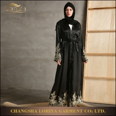 New arrival golden lace muslim black open abaya-LR31