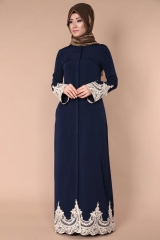 New arrival full of buttons dark blue front open abaya-LR39