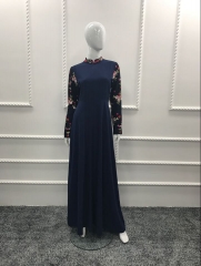 Embroidery flower and soft crepe navy abaya-LR70