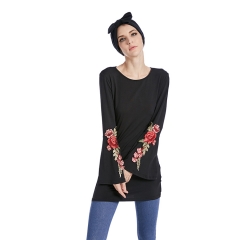Embroidered rose flower black blouse-LR76