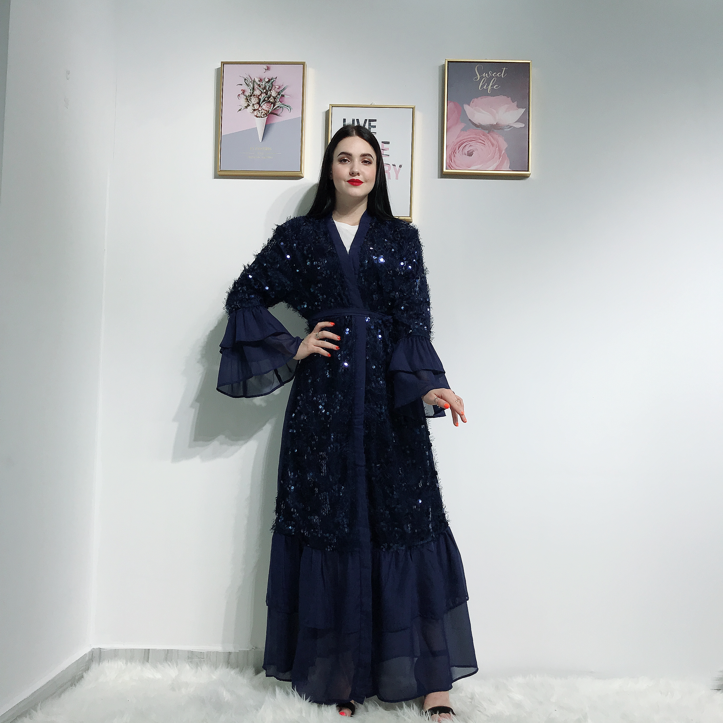 dress with shinny pieces sequin abaya muslim for EID-LR288