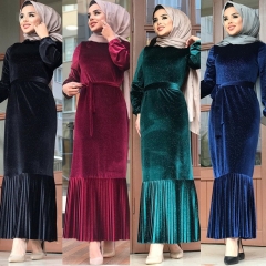 Elegant fashion shinny velvet maxi abaya with belt