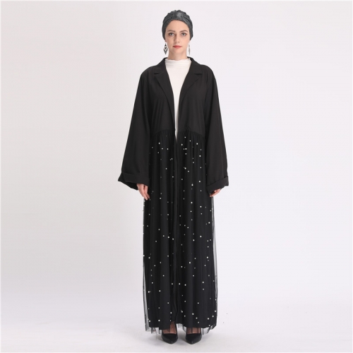 pearl mesh and soft crepe abaya with beads attachment