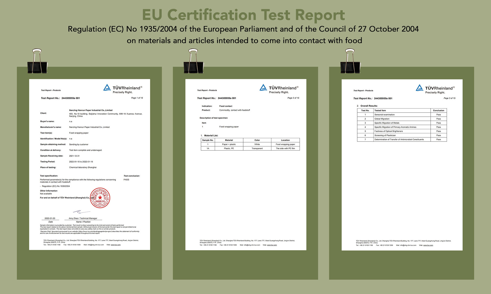 EU Certification Test Report Regulation (EC) No 1935/2004 of the European Parliament and of the Council of 27 October 2004  on materials and articles intended to come into contact with food