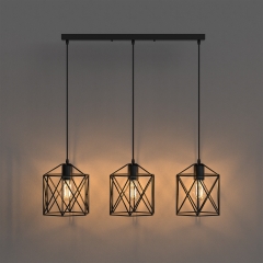 3-Light Black Metal Cage Pendant Light