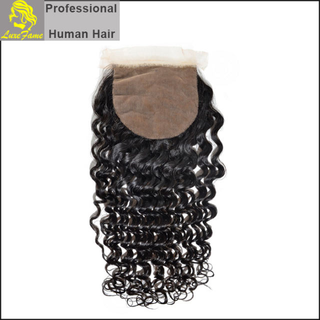 Luxefame Silk Base Closure Brazilian Curly Remy Hair 4X4 Siwss Lace with Bleached Knots Free/ Middle Part Style