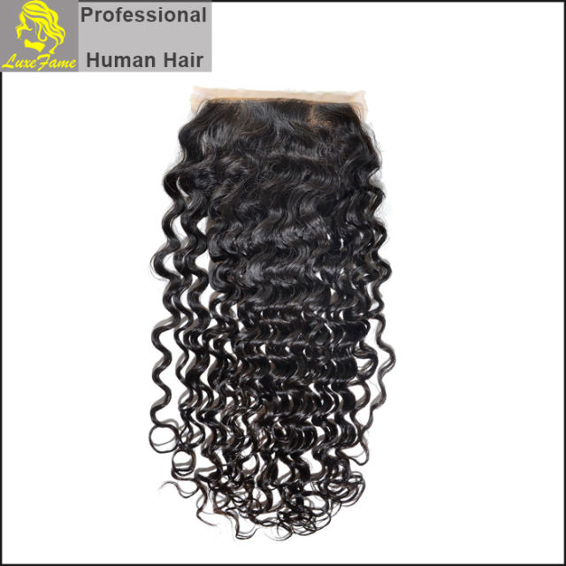 Luxefame Silk Base Closure Brazilian Curly Remy Hair 4X4 Siwss Lace with Bleached Knots Free/ Middle Part Style