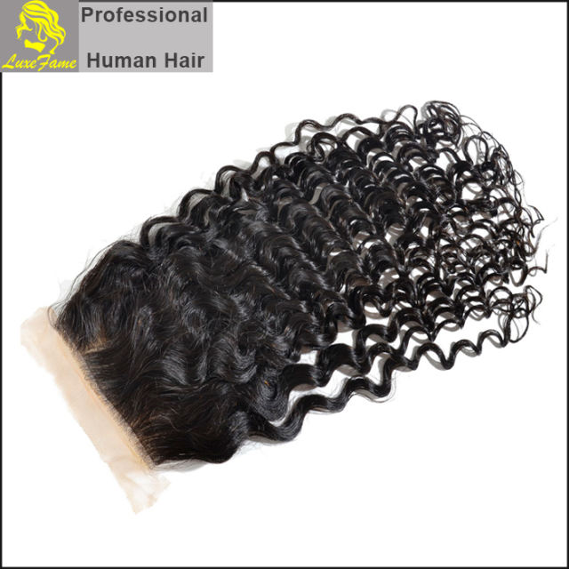 Luxefame Silk Base Closure Brazilian Curly Remy Hair 4X4 Siwss Lace with Bleached Knots Free/ Middle Part Style