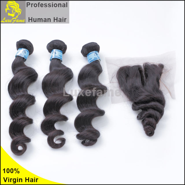 Grade 8A 3PCS Brazilian Virgin Hair With Lace Closure Loose Wave For A Full Head Shipping Free