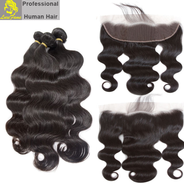 Luxefame 13"*4" Free Part Body Wave Lace Frontal Brazilian Remy Hair with Bleached Knots 100% Human Hair