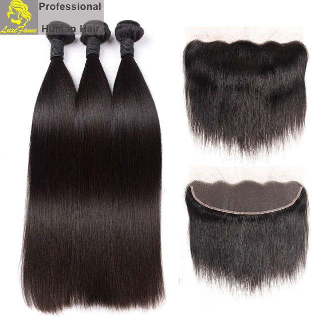 Luxefame 13"*4" Free Part Straight Lace Frontal Brazilian Remy Hair with Bleached Knots 100% Human Hair