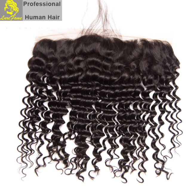 Luxefame 13"*4" Free Part Deep Wave Lace Frontal Brazilian Remy Hair with Bleached Knots 100% Human Hair