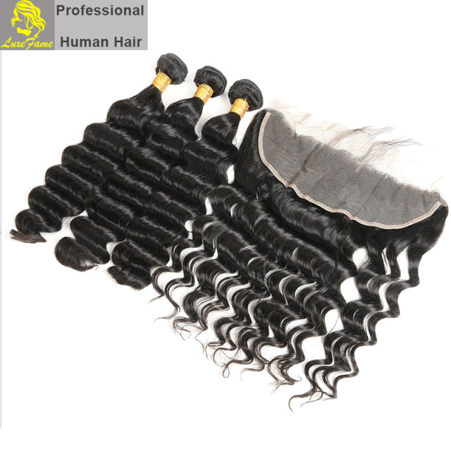 Luxefame 13"*4" Free Part Loose Deep Lace Frontal Brazilian Remy Hair with Bleached Knots 100% Human Hair