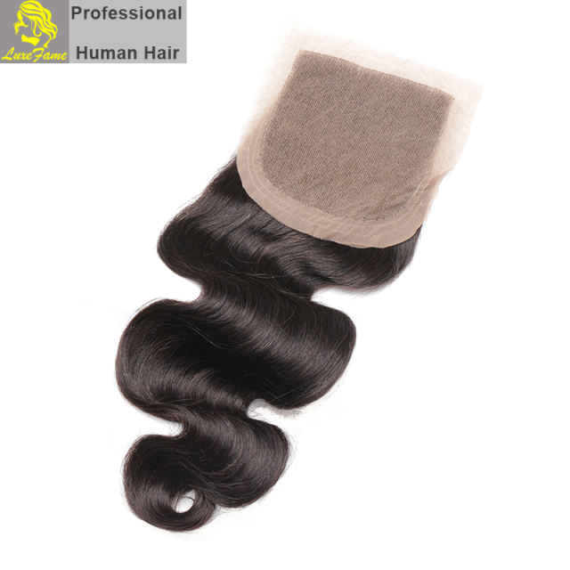 Luxefame Silk Base Closure Brazilian Body Wave Remy Hair 4X4 Siwss Lace with Bleached Knots Free/ Middle Part Style