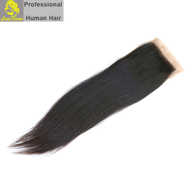 Luxefame Silk Base Closure Brazilian Straight Remy Hair 4X4 Siwss Lace with Bleached Knots Free/ Middle Part Style