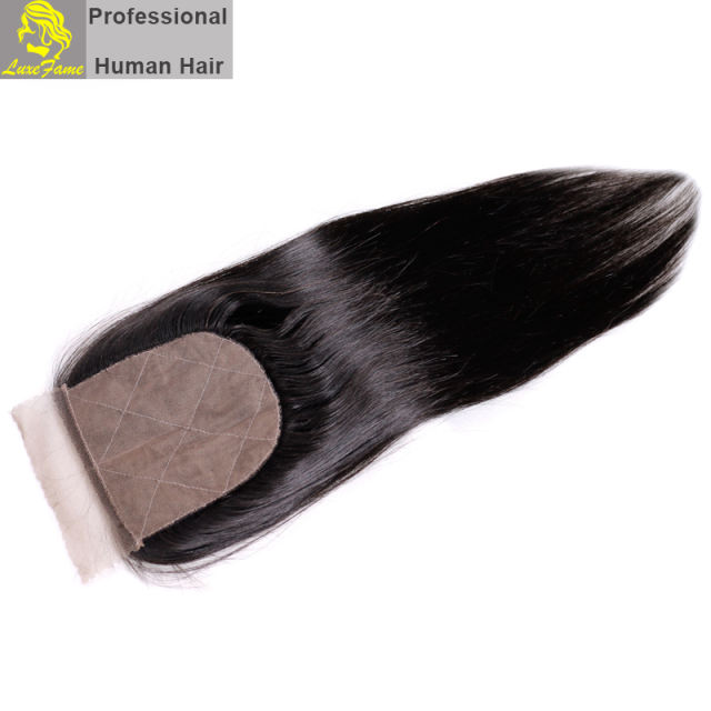 Luxefame Silk Base Closure Brazilian Straight Remy Hair 4X4 Siwss Lace with Bleached Knots Free/ Middle Part Style