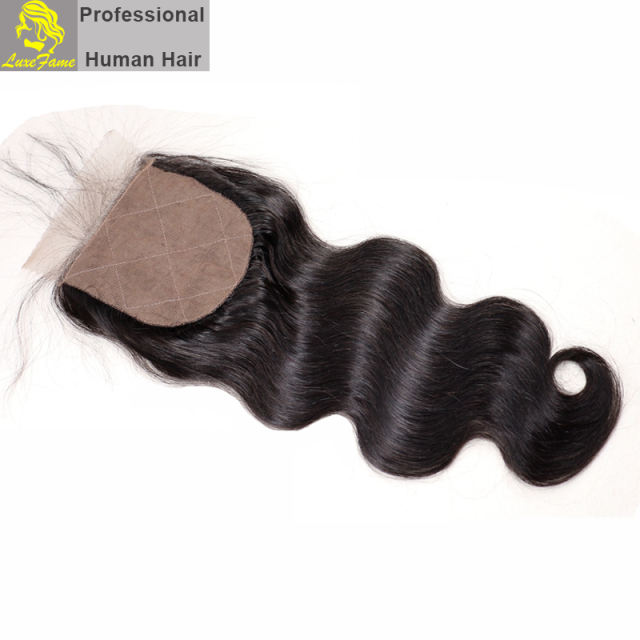 Luxefame Silk Base Closure Brazilian Body Wave Remy Hair 4X4 Siwss Lace with Bleached Knots Free/ Middle Part Style