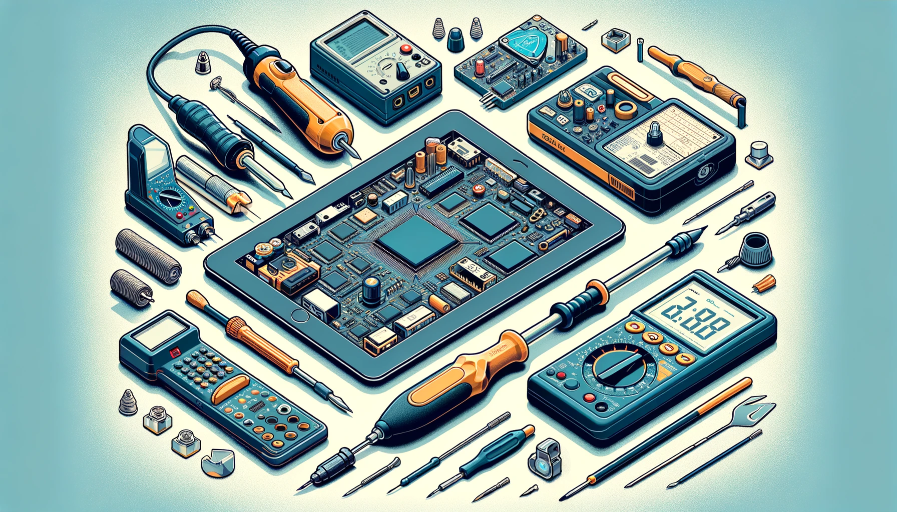 DIY LCD Screen Repair Tools: A visual guide showcasing essential tools for LCD repair, such as a soldering iron, multimeter, screwdrivers, and replacement parts.