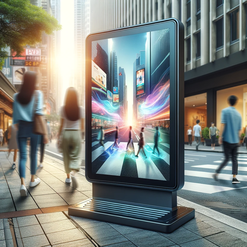 An innovative outdoor LCD panel mounted on a city street, showcasing a high-definition advertisement under bright sunlight. The scene highlights the panel's durability and visibility.