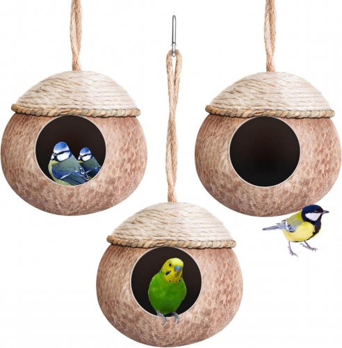 Natural Coconut Bird Hide Nest Bird Hut for Cage with Woven Straw Bird Parakeet Coconut Fiber Hanging Birdhouse