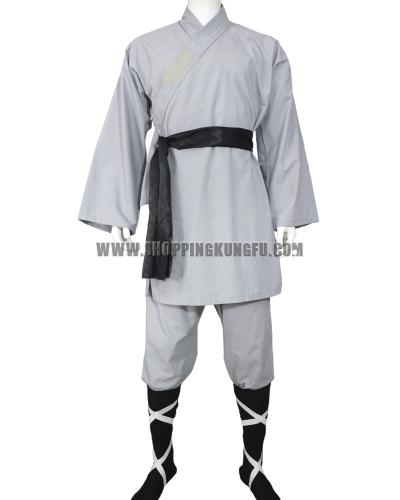 gray cotton shaolin monk suit with black socks