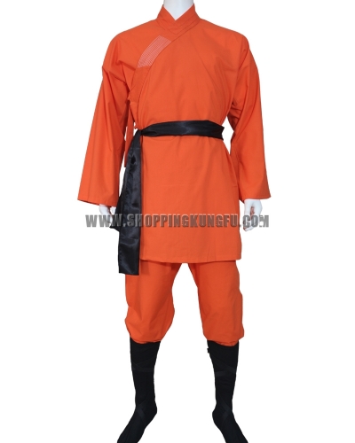 orange cotton shaolin monk suit with black belt/socks/leg wraps