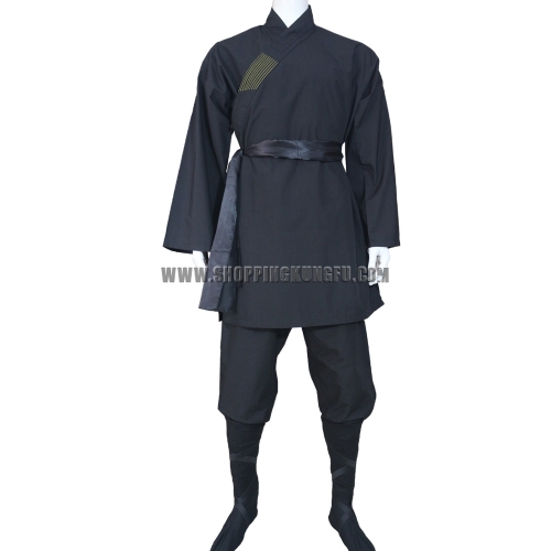 black cotton shaolin monk suit with black belt/socks/leg wraps