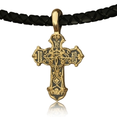 EVBEA Mens Necklace Simple Viking Celtic Gold Cross Pendant Jewelry with Black Genuine Leather Cord Chain Religious Gifts