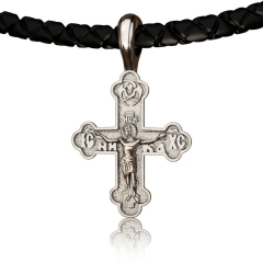 EVBEA Mens Cross Necklace Simple Viking Crucifix Christian Jewelry with Black Genuine Leather Cord Chain Religious Gifts