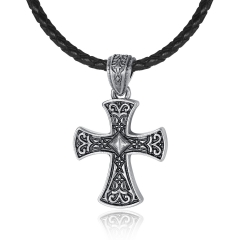 EVBEA Cross Necklace for Men Viking Celtic Serenity Prayer Pendant Crucifix Mens Jewelry with Black Genuine Leather Cord Chain Curb Link