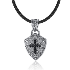 EVBEA Mens Necklace Cross Knight Sword Shield Iris French Style Bible Verse Religious Prayer Pendant Black Jewellery Gifts Box for Dad Father