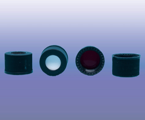 Preassembled cap and septa for 10-425 thread screw, PP cap, black, centre hole, Red rubber/White PTFE, 0.060" thick
