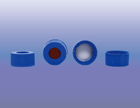 Preassembled cap and septa for 9mm thread screw, PP cap, blue, centre hole, White PTFE/red Rubber, 0.040" thick