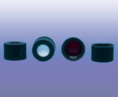 Preassembled cap and septa for 10-425 thread screw, PP cap, black, closed, White silIcone/Red PTFE