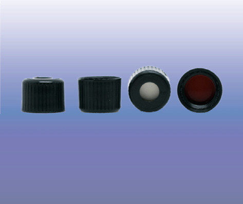 Preassembled cap and septa for 8-425 thread screw, PP cap, black, centre hole, Red rubber/White PTFE, 0.060" thick