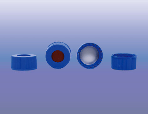 Preassembled cap and septa for 9mm thread screw, PP cap(Royal), blue, centre hole, Red PTFE/White silicone/Red PTFE, 0.040" thick