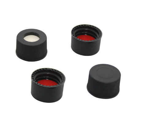 Preassembled cap and septa for 13-425 thread screw, PP cap, black, closed, White silIcone/Red PTFE