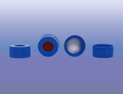 Preassembled cap and septa for 9mm thread screw, PP cap(Royal), blue, centre hole, White silicone/Red PTFE, 0.040" thick, slitted